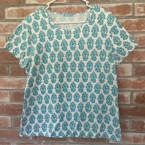 J. McLaughlin Short Sleeve Knit Tee T Shirt Women’s XL White Turquoise Blue